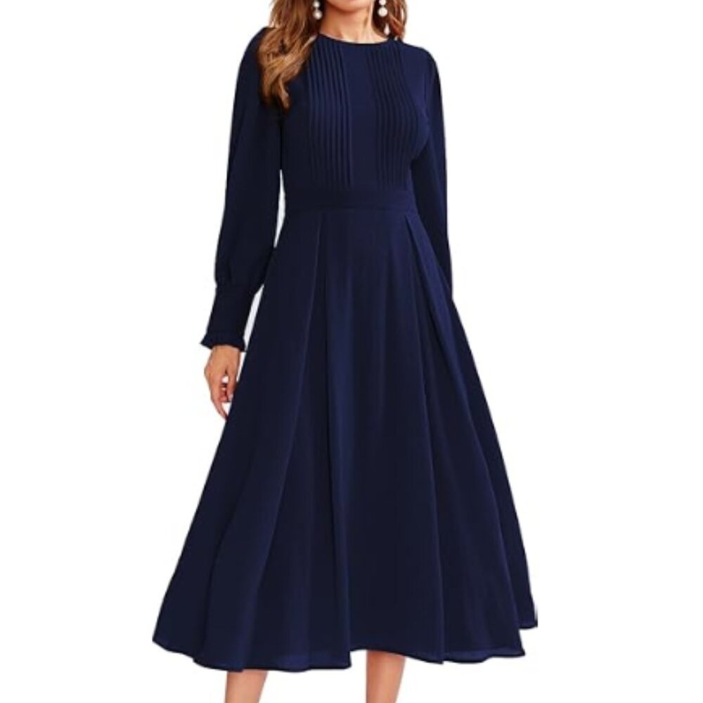 NWOT Women's Elegant Long Sleeve Pleated Fit Flare Dress, Navy Blue, Size S